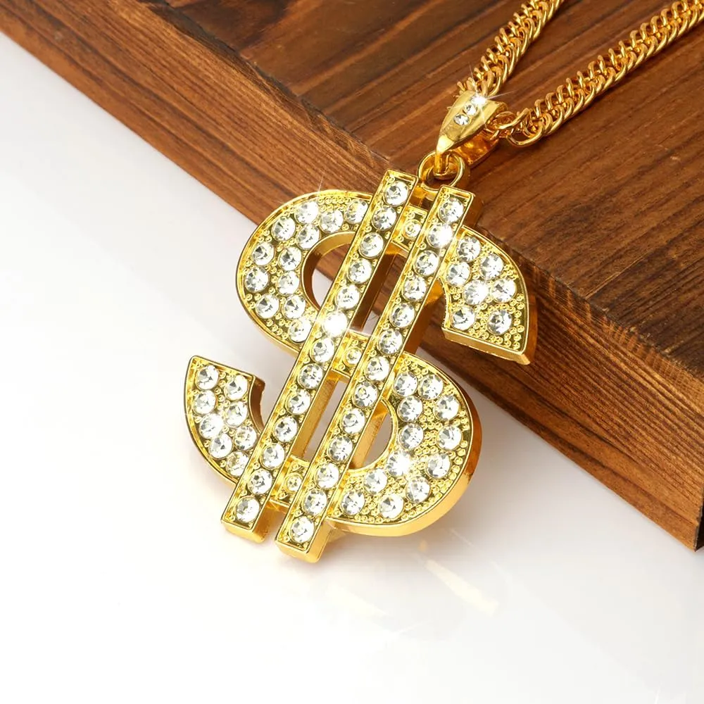Gold Chain with Dollar Sign, Fake Gold Chain, Gold Money Chains for Men, 80 90s Hip Hop Gold Digger Costume Accessories, Hip Hop Jewelry Pendant Necklace