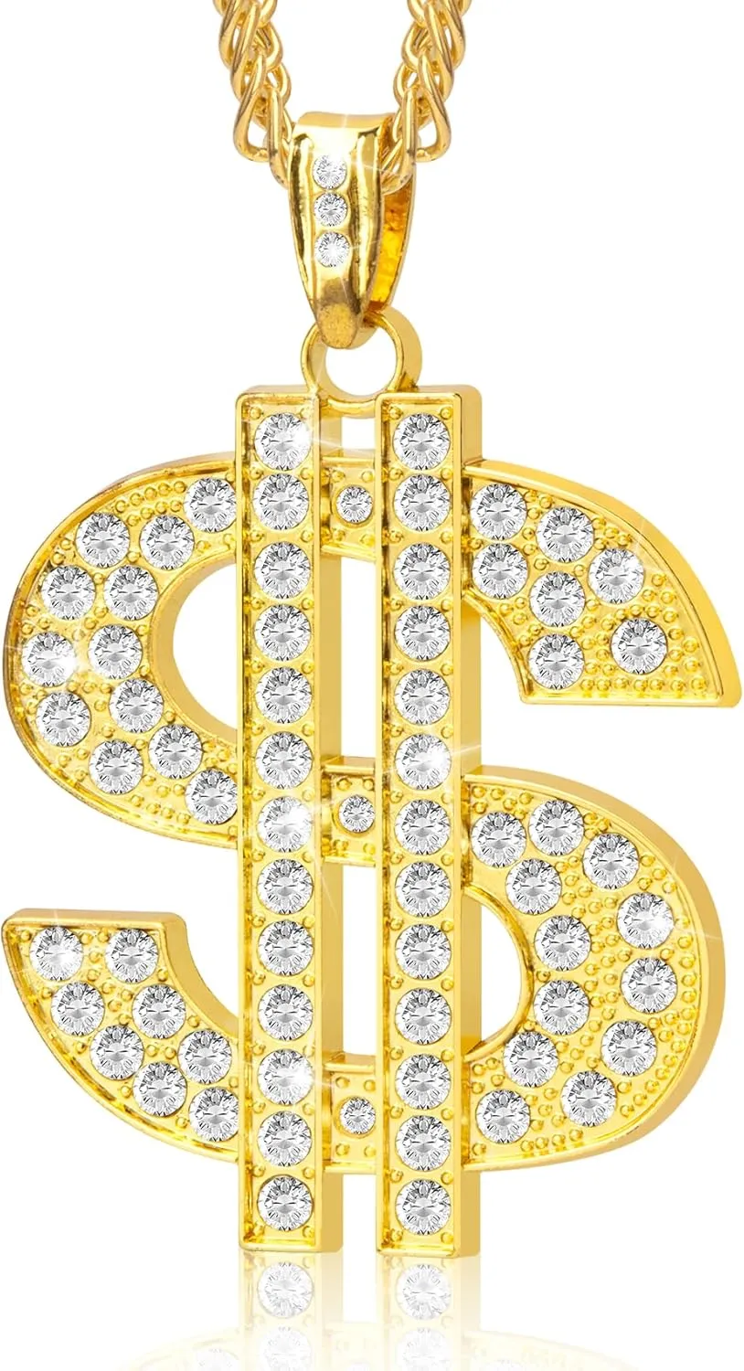 Gold Chain with Dollar Sign, Fake Gold Chain, Gold Money Chains for Men, 80 90s Hip Hop Gold Digger Costume Accessories, Hip Hop Jewelry Pendant Necklace