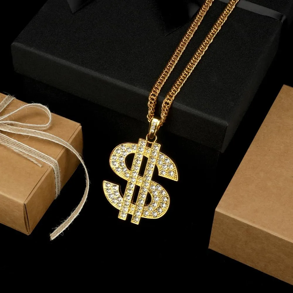Gold Chain with Dollar Sign, Fake Gold Chain, Gold Money Chains for Men, 80 90s Hip Hop Gold Digger Costume Accessories, Hip Hop Jewelry Pendant Necklace