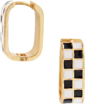 Gold Checkered Oval Hoop Earrings Sterling Silver Ear Posts Hypoallergenic French Unique Earrings for Womens