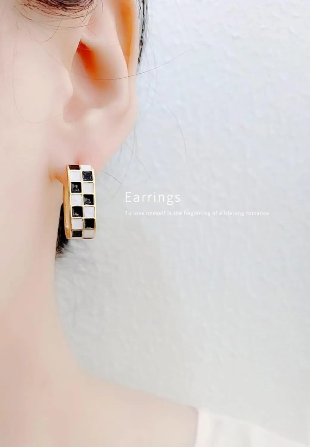 Gold Checkered Oval Hoop Earrings Sterling Silver Ear Posts Hypoallergenic French Unique Earrings for Womens
