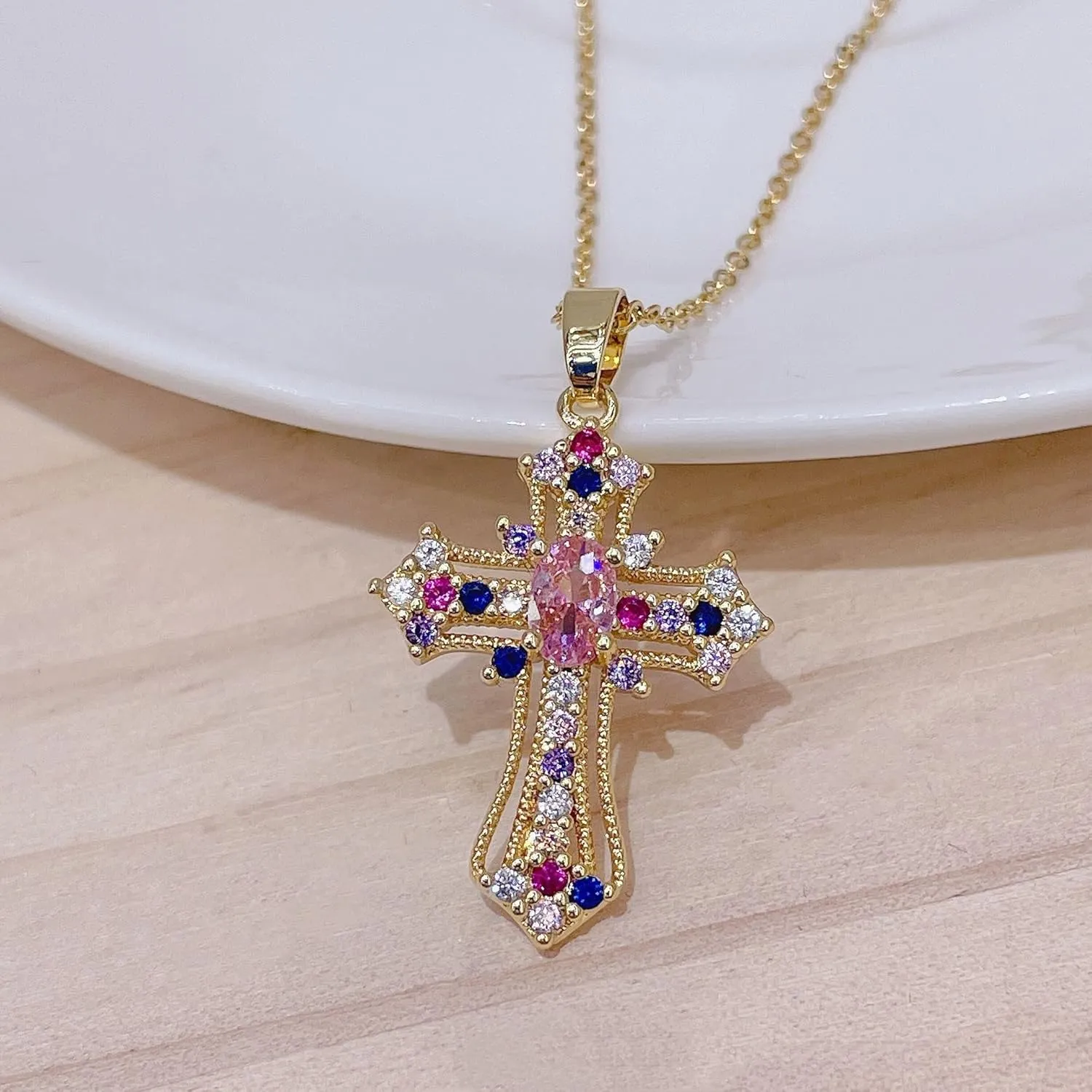 Gold Cross Necklace for Women - Handmade CZ Dainty Faith Pendant Necklace, 18K Plated Hypoallergenic Jewelry Gifts