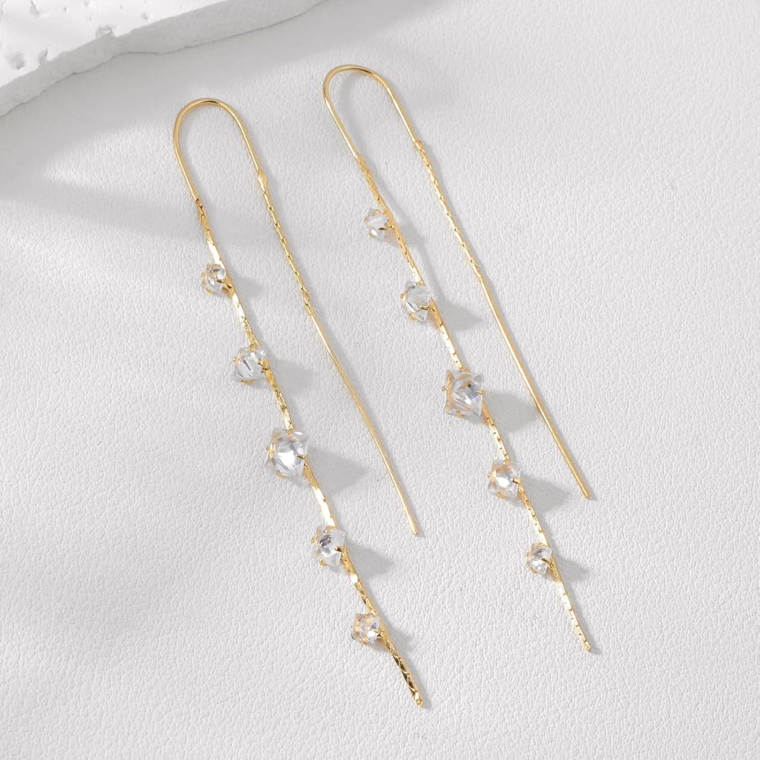 Gold Dangle Earrings for Women, 14K Threader Long Chain Drop Earrings Dangling Dainty Elegant Ear Chain with Tassel and Cubic Zirconia for Wedding Trendy Jewelry Gifts
