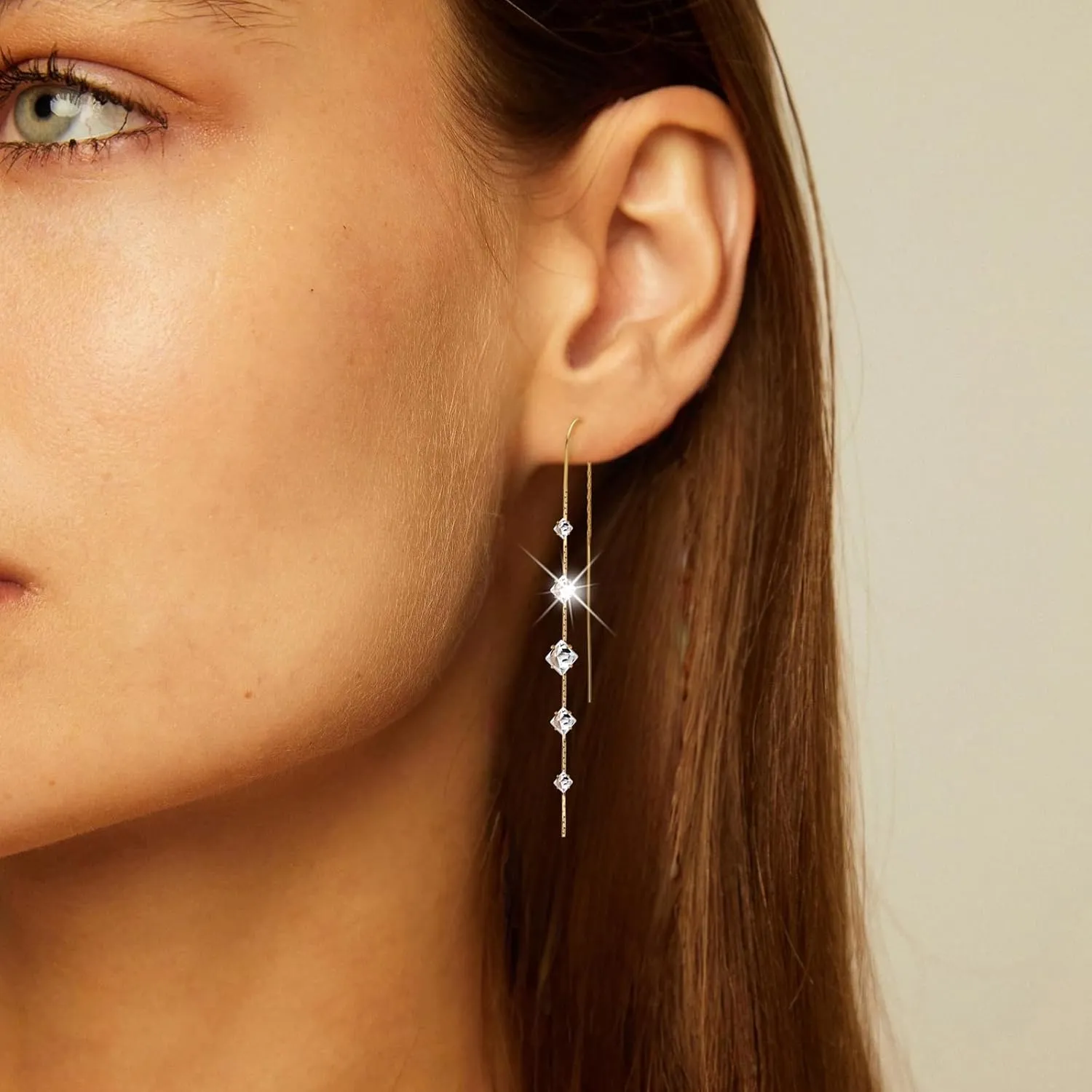 Gold Dangle Earrings for Women, 14K Threader Long Chain Drop Earrings Dangling Dainty Elegant Ear Chain with Tassel and Cubic Zirconia for Wedding Trendy Jewelry Gifts
