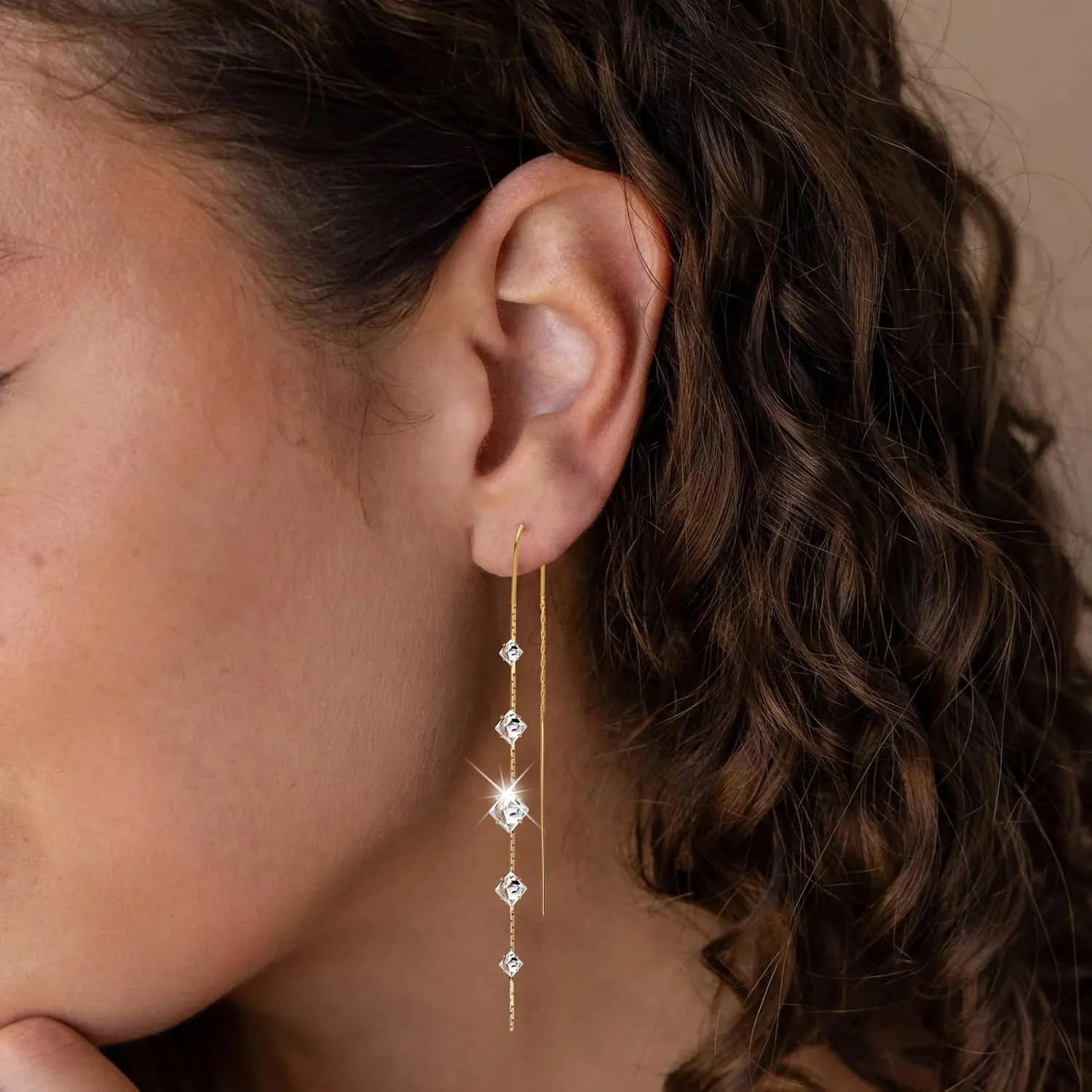 Gold Dangle Earrings for Women, 14K Threader Long Chain Drop Earrings Dangling Dainty Elegant Ear Chain with Tassel and Cubic Zirconia for Wedding Trendy Jewelry Gifts