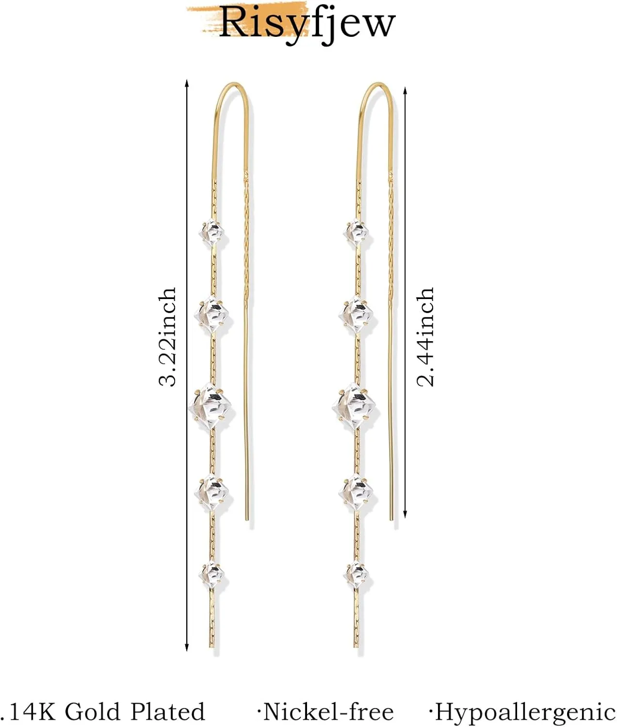 Gold Dangle Earrings for Women, 14K Threader Long Chain Drop Earrings Dangling Dainty Elegant Ear Chain with Tassel and Cubic Zirconia for Wedding Trendy Jewelry Gifts