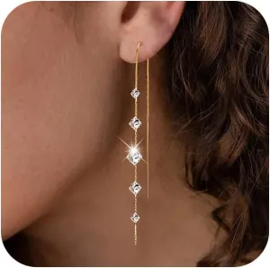 Gold Dangle Earrings for Women, 14K Threader Long Chain Drop Earrings Dangling Dainty Elegant Ear Chain with Tassel and Cubic Zirconia for Wedding Trendy Jewelry Gifts