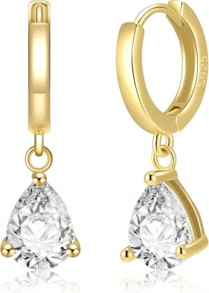 Gold Drop Earrings for Women, Dangle Earrings Huggie Hoops, Hypoallergenic Teardrop 14K Gold Vermeil Earrings with Cubic Zirconia, 14K Gold Plated 925 Sterling Silver Jewelry Gift for Her