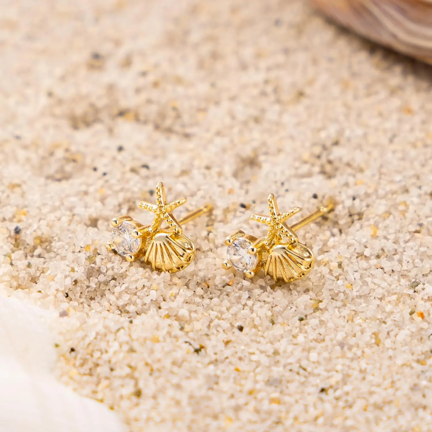 Gold Earrings for Women- 14K Gold/Silver Plated Starfish Pearl Gold Sea CZ Shell Pearl Earrings Summer Beach Vacation Outfits for Women Trendy Jewelry Gifts