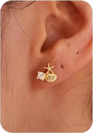 Gold Earrings for Women- 14K Gold/Silver Plated Starfish Pearl Gold Sea CZ Shell Pearl Earrings Summer Beach Vacation Outfits for Women Trendy Jewelry Gifts