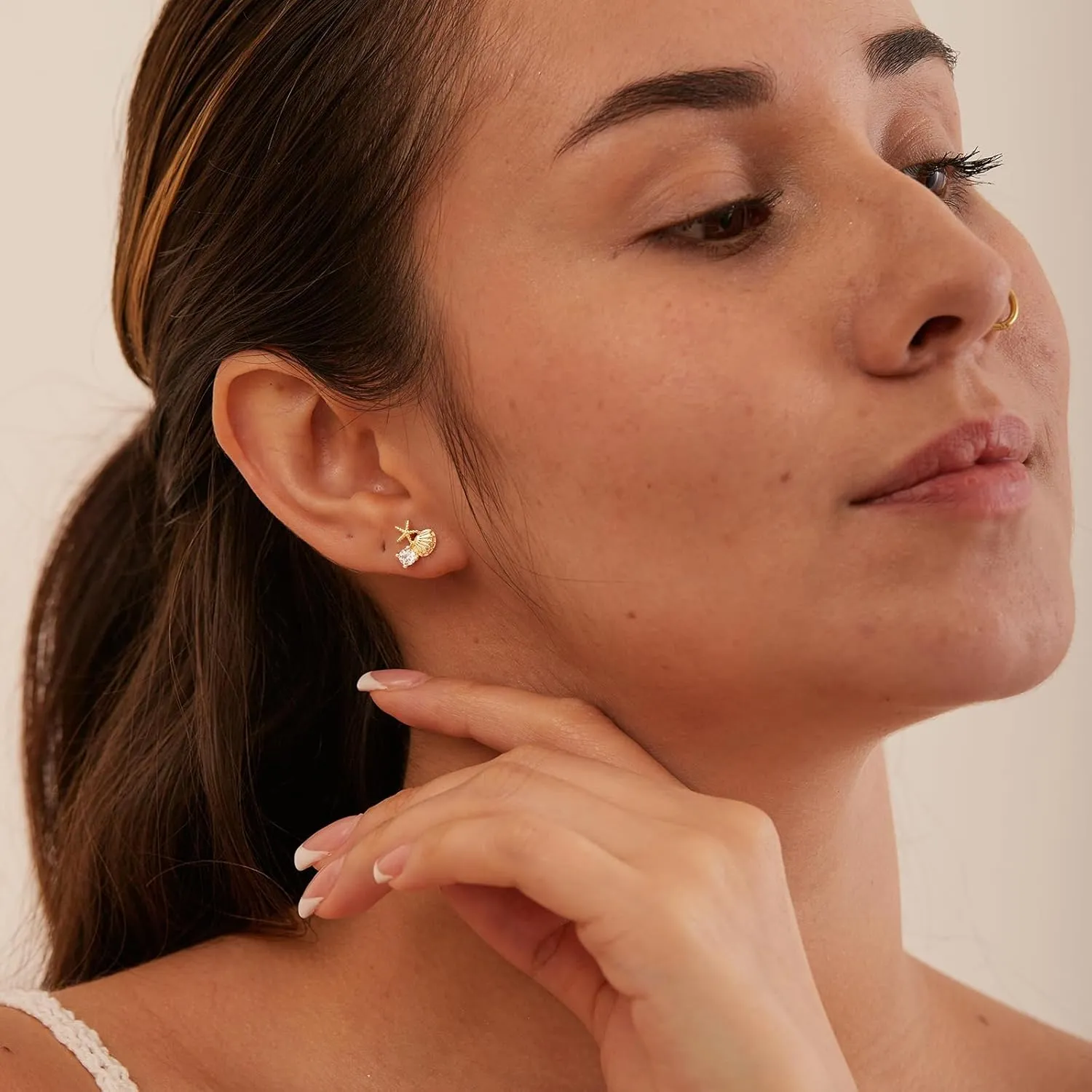 Gold Earrings for Women- 14K Gold/Silver Plated Starfish Pearl Gold Sea CZ Shell Pearl Earrings Summer Beach Vacation Outfits for Women Trendy Jewelry Gifts