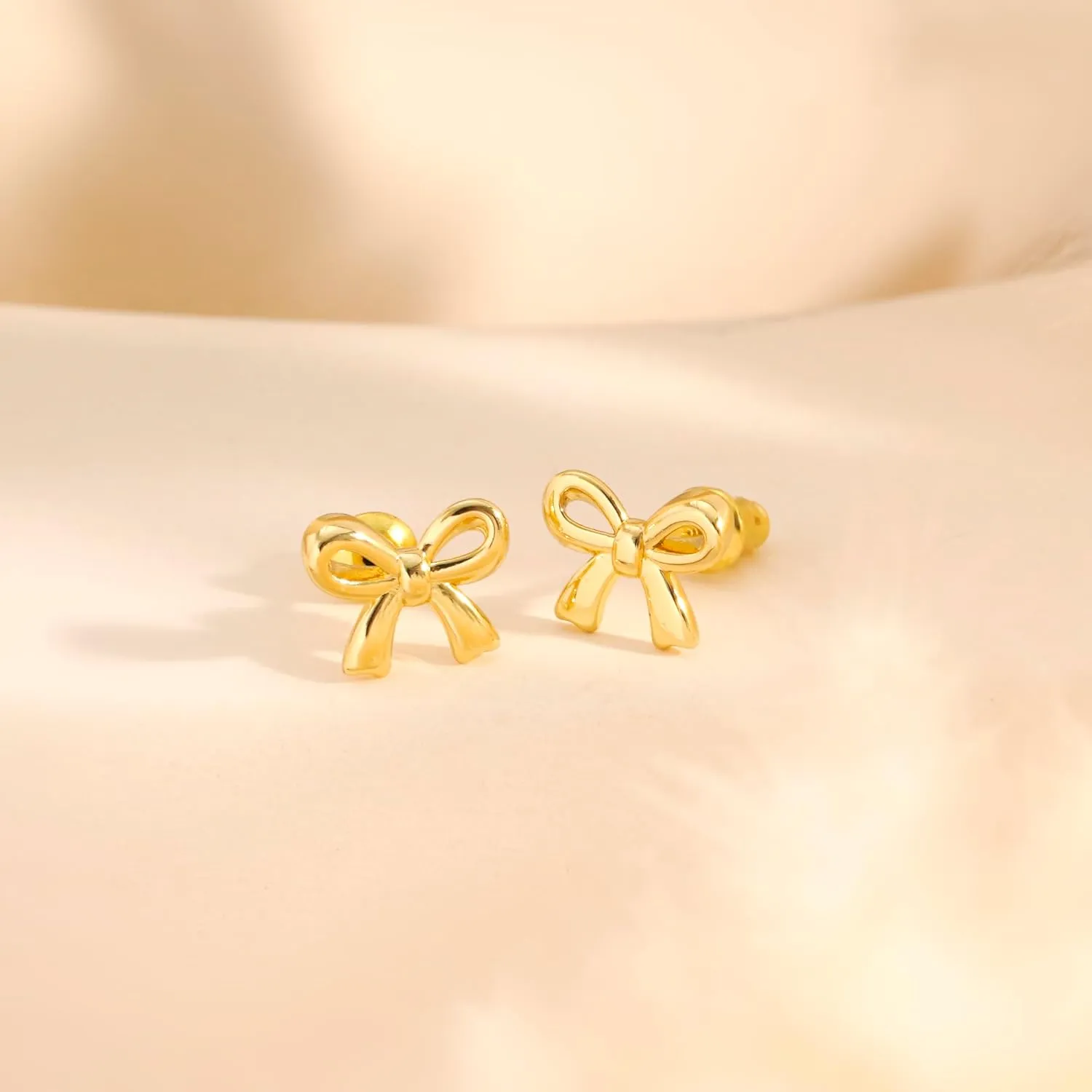 Gold Earrings for Women,14K Gold Plated Dainty Cute Bow Stud,Tarnish Free Hypoallergenic Chunky Bow Earrings for Women Trendy,Tragus Piercing Ribbon Stud Jewelry Gifts