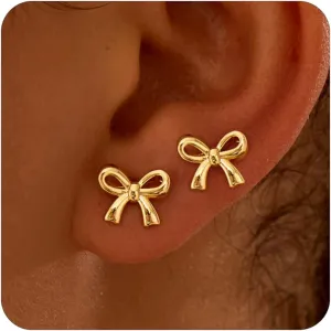 Gold Earrings for Women,14K Gold Plated Dainty Cute Bow Stud,Tarnish Free Hypoallergenic Chunky Bow Earrings for Women Trendy,Tragus Piercing Ribbon Stud Jewelry Gifts