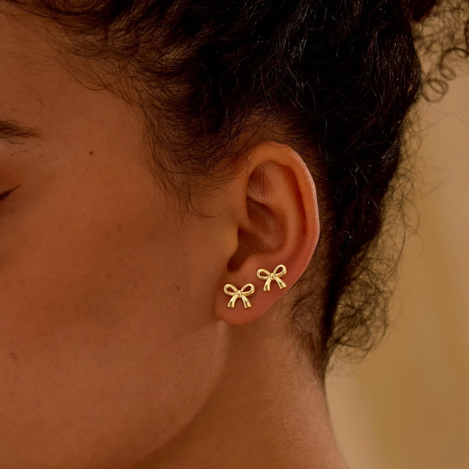 Gold Earrings for Women,14K Gold Plated Dainty Cute Bow Stud,Tarnish Free Hypoallergenic Chunky Bow Earrings for Women Trendy,Tragus Piercing Ribbon Stud Jewelry Gifts