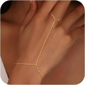 Gold Hand Chain Bracelet for Women, 14k Gold Plated Finger Ring Bracelet Dainty Adjustable Gold Hand Bracelets for Women Non Tarnish Trendy Simple Jewelry for Women