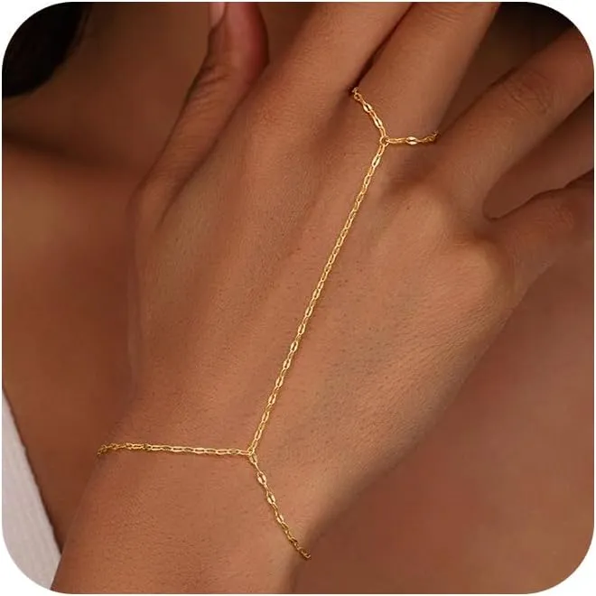 Gold Hand Chain Bracelet for Women, 14k Gold Plated Finger Ring Bracelet Dainty Adjustable Gold Hand Bracelets for Women Non Tarnish Trendy Simple Jewelry for Women