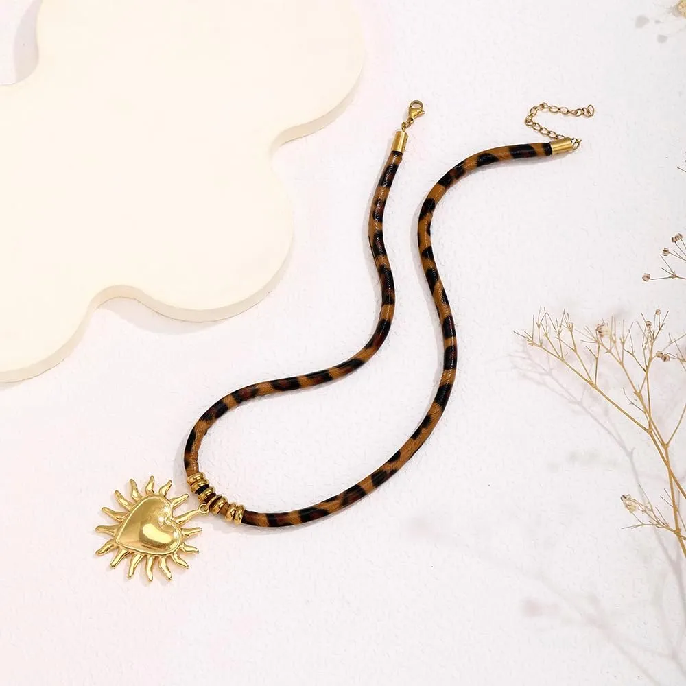 Gold Heart Necklace For Women Sun Pendant Statement Y2k Cheetah Vintage Chunky Necklace