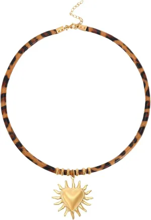 Gold Heart Necklace For Women Sun Pendant Statement Y2k Cheetah Vintage Chunky Necklace