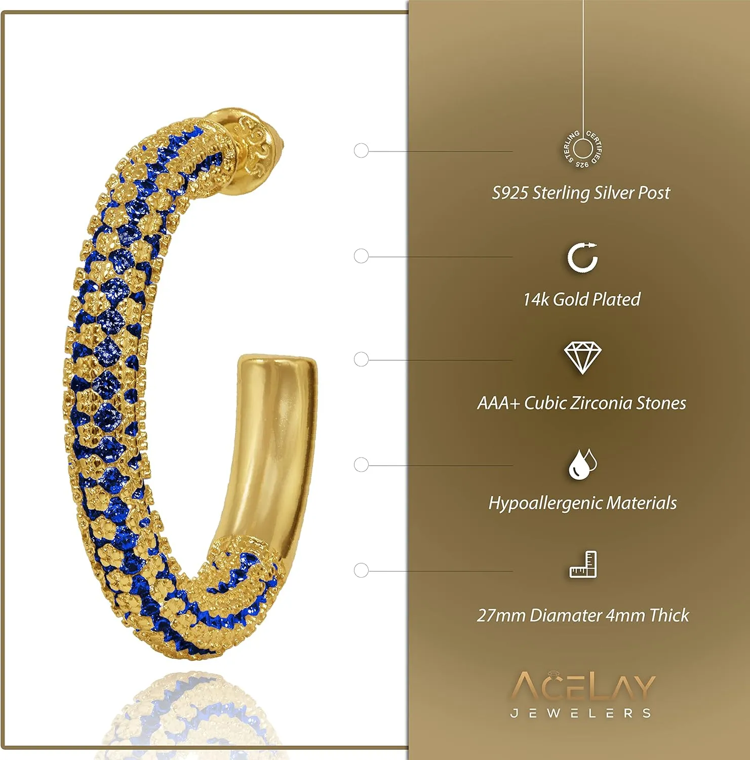 Gold Hoop Earrings for Women - 14k Gold Plated Earrings 925 Sterling Silver Post - Fully Studded with AAA  CZ Stones - Chunky Gold Earrings - Hypoallergenic Open Hoops Nickel Free - By AceLay