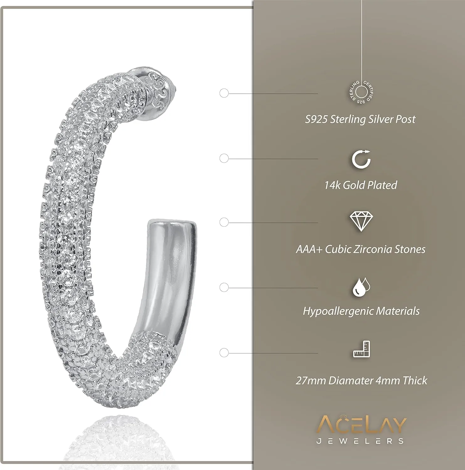 Gold Hoop Earrings for Women - 14k Gold Plated Earrings 925 Sterling Silver Post - Fully Studded with AAA  CZ Stones - Chunky Gold Earrings - Hypoallergenic Open Hoops Nickel Free - By AceLay