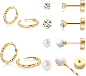 Gold Hoop Earrings for Women Flat Back CZ & Pearl Stud Earrings Set Hypoallergenic Small Cartilage Earring for Helix Conch Daith Tragus Piercing Jewelry Gold Plated