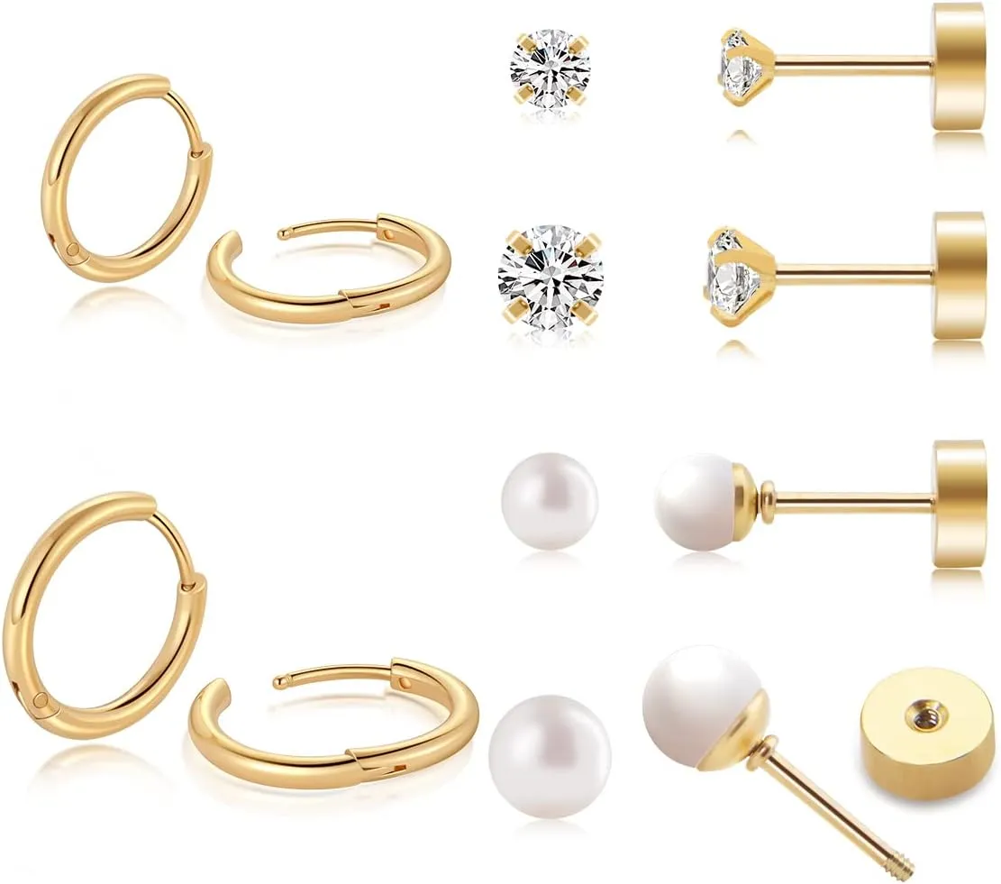 Gold Hoop Earrings for Women Flat Back CZ & Pearl Stud Earrings Set Hypoallergenic Small Cartilage Earring for Helix Conch Daith Tragus Piercing Jewelry Gold Plated