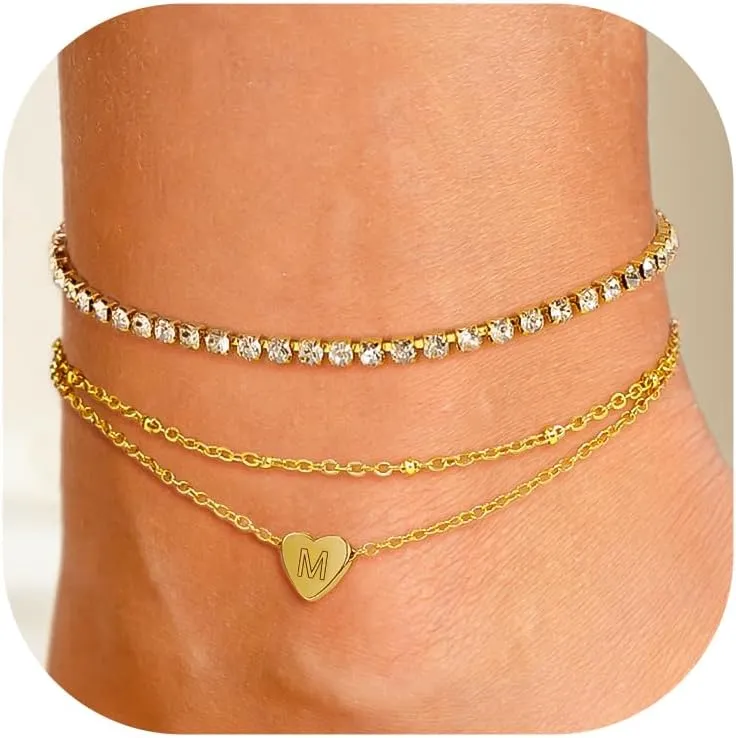 Gold Initial Ankle Bracelets for Women - 18K Gold Plated Waterproof Ankle Bracelet Layered Heart Initial Anklet Bracelets for Women Summer Beach Foot Jewelry Gifts