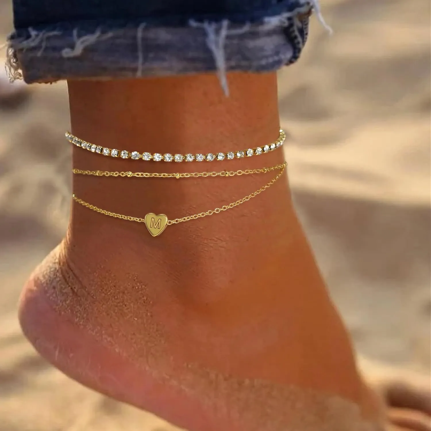 Gold Initial Ankle Bracelets for Women - 18K Gold Plated Waterproof Ankle Bracelet Layered Heart Initial Anklet Bracelets for Women Summer Beach Foot Jewelry Gifts
