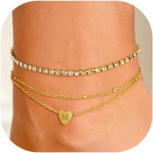 Gold Initial Ankle Bracelets for Women - 18K Gold Plated Waterproof Ankle Bracelet Layered Heart Initial Anklet Bracelets for Women Summer Beach Foot Jewelry Gifts