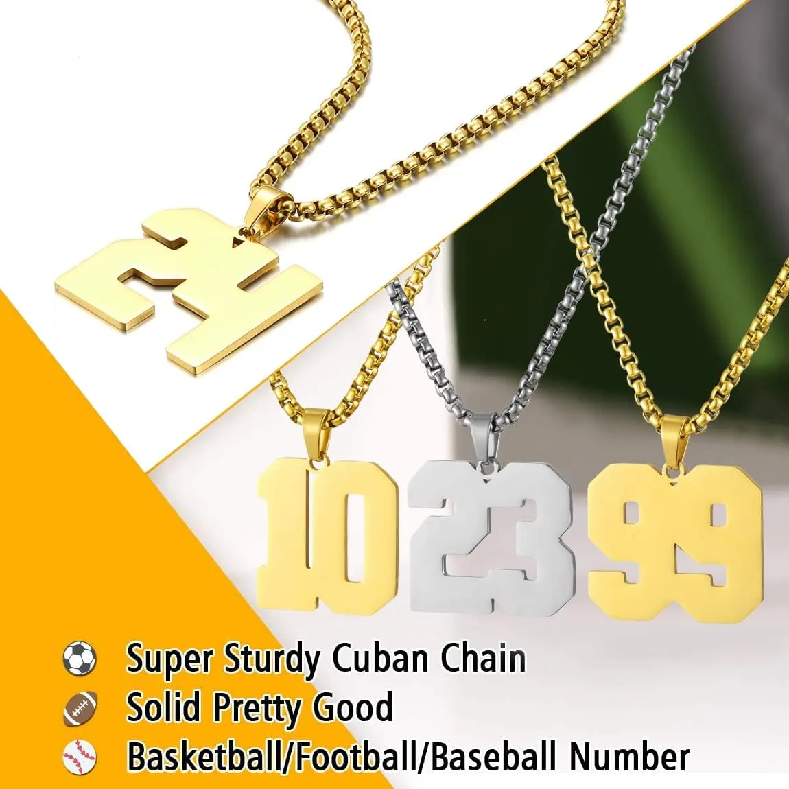 Gold Number Necklace for Men,Stainless Steel Athletes Number Chain Charm Pendant Personalized Sports Jewelry for Boy Basketball Baseball Football Ice Hockey