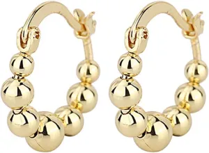 Gold Plated Beaded Hoop Dangle Earrings for Women,Lightweight Silver Chunky Metal Round Ball Huggie Hoop Earrings,Simple Statement Jewelry Gifts