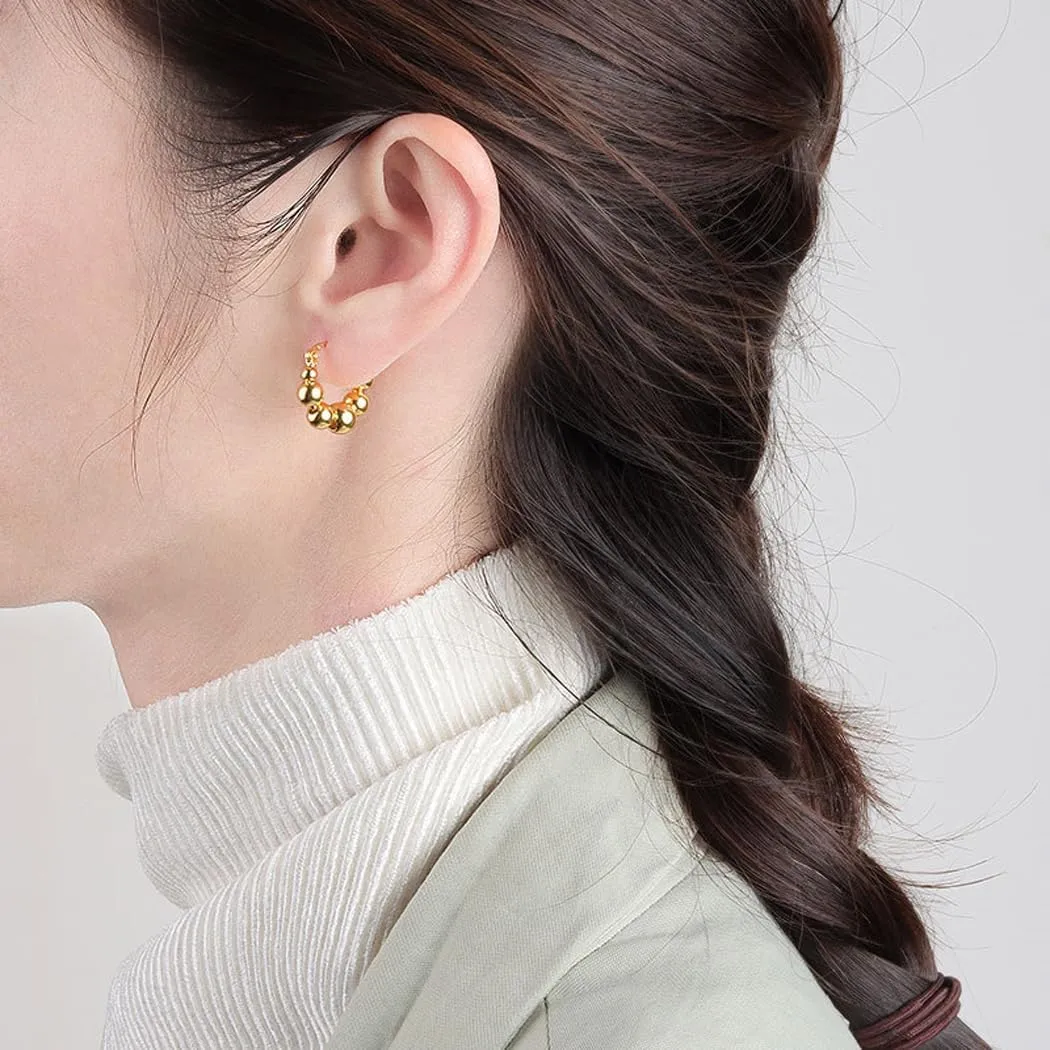 Gold Plated Beaded Hoop Dangle Earrings for Women,Lightweight Silver Chunky Metal Round Ball Huggie Hoop Earrings,Simple Statement Jewelry Gifts