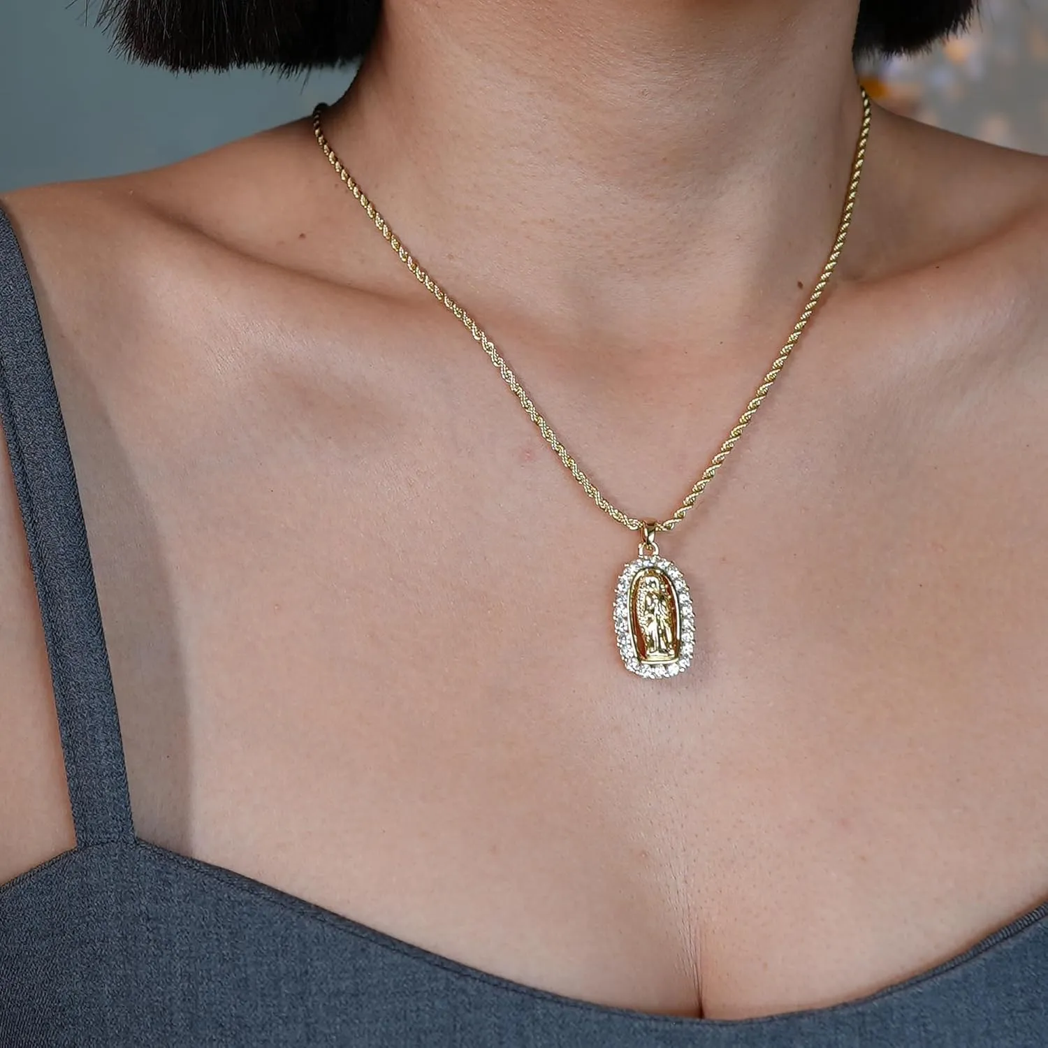 Gold Plated Brass Pendant Necklace with Sacred Heart of Jesus & Virgin Mary, Cubic Zirconia Accents, Twisted Rope Chain