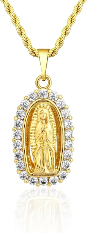Gold Plated Brass Pendant Necklace with Sacred Heart of Jesus & Virgin Mary, Cubic Zirconia Accents, Twisted Rope Chain