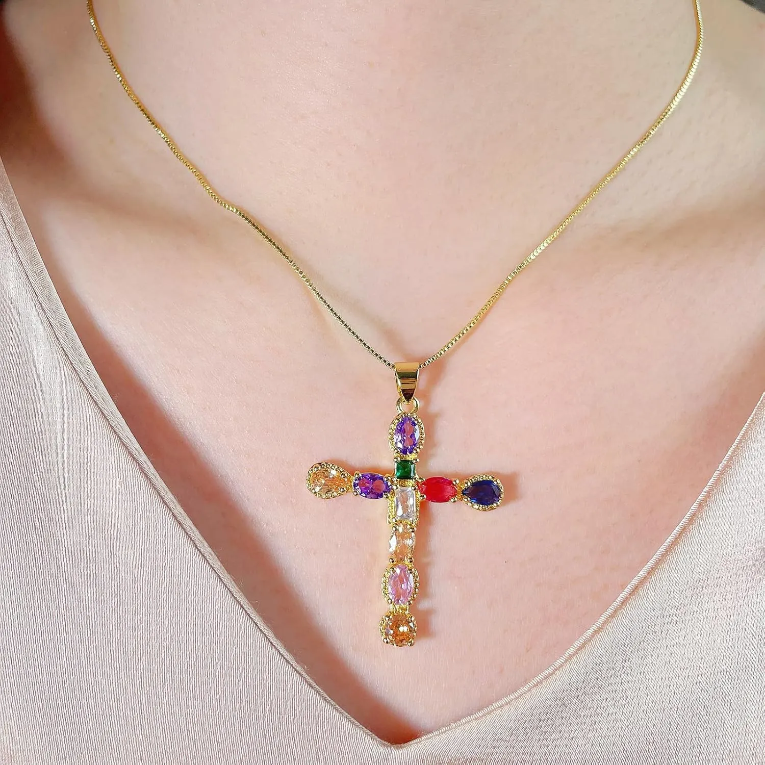 Gold-Plated Cross Necklace for Women - Handmade Cubic Zirconia Faith Pendant Necklaces, 18K Plated Hypoallergenic Jewelry