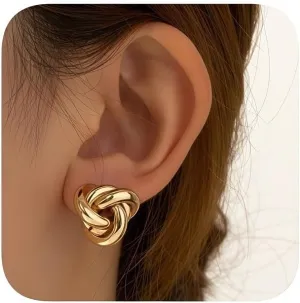 Gold Plated Knot Stud Earrings, Classic Love Knot Design, Fashion Statement Jewelry