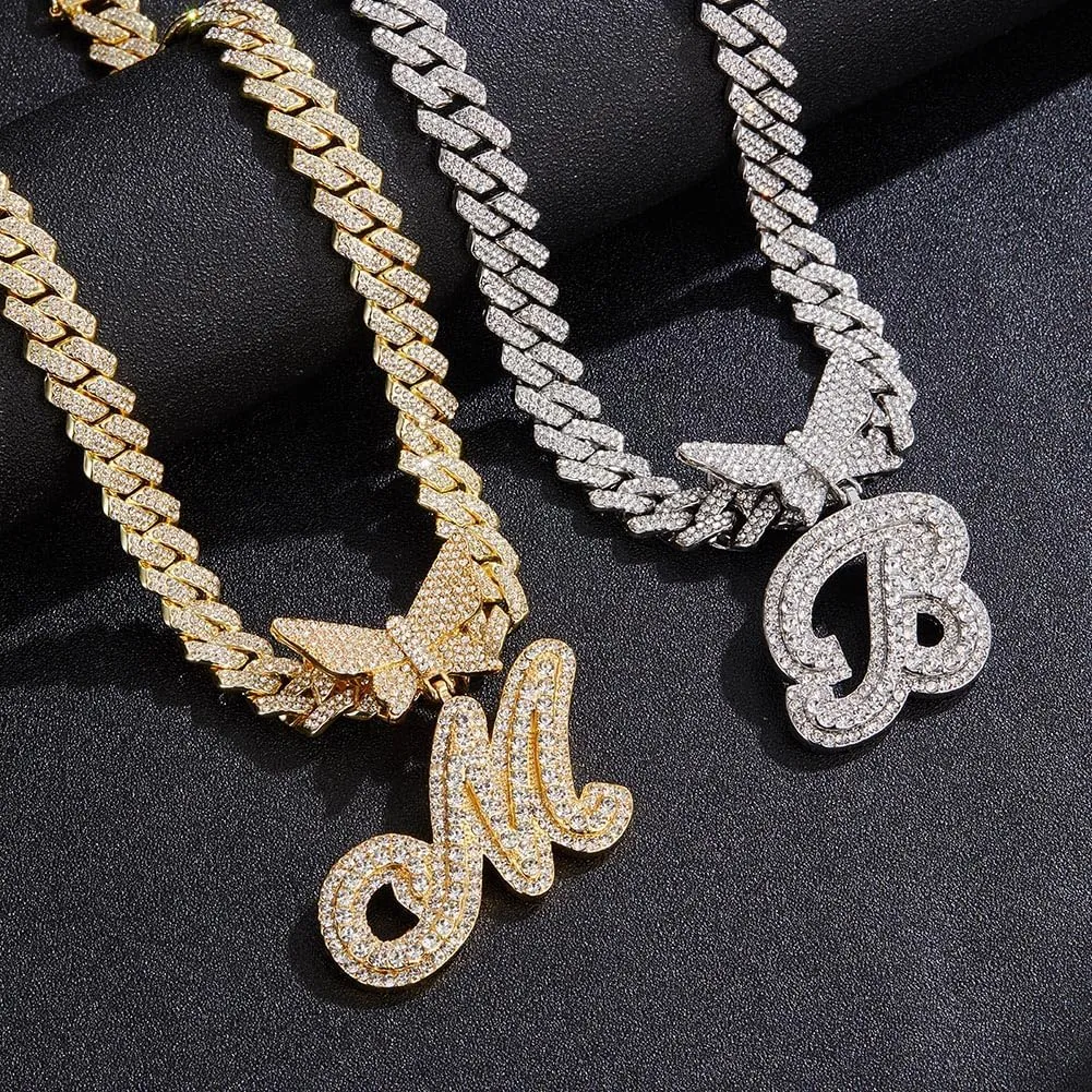 Gold Silver Cuban Link Chain for Women Letter Necklace Initial Custom Chain Name Necklaces Personalized Necklace Iced Out Chain Pendants Bling Necklace Hip Hop Chain Jewelry For Women