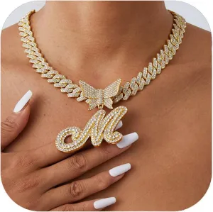 Gold Silver Cuban Link Chain for Women Letter Necklace Initial Custom Chain Name Necklaces Personalized Necklace Iced Out Chain Pendants Bling Necklace Hip Hop Chain Jewelry For Women
