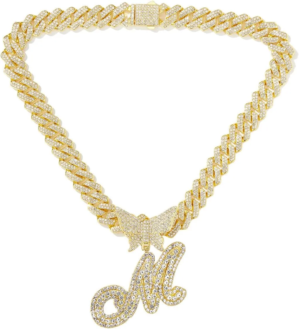 Gold Silver Cuban Link Chain for Women Letter Necklace Initial Custom Chain Name Necklaces Personalized Necklace Iced Out Chain Pendants Bling Necklace Hip Hop Chain Jewelry For Women