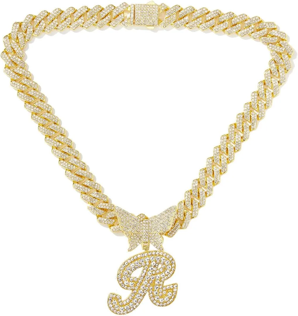 Gold Silver Cuban Link Chain for Women Letter Necklace Initial Custom Chain Name Necklaces Personalized Necklace Iced Out Chain Pendants Bling Necklace Hip Hop Chain Jewelry For Women