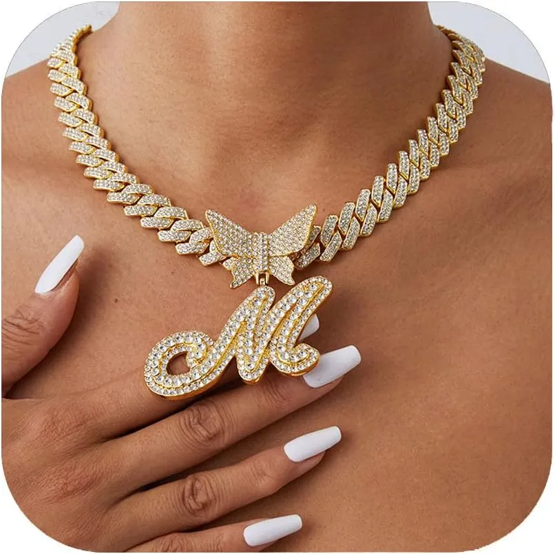 Gold Silver Cuban Link Chain for Women Letter Necklace Initial Custom Chain Name Necklaces Personalized Necklace Iced Out Chain Pendants Bling Necklace Hip Hop Chain Jewelry For Women