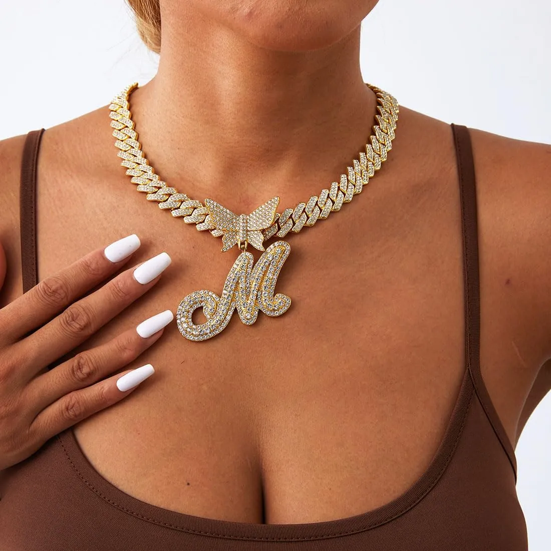 Gold Silver Cuban Link Chain for Women Letter Necklace Initial Custom Chain Name Necklaces Personalized Necklace Iced Out Chain Pendants Bling Necklace Hip Hop Chain Jewelry For Women