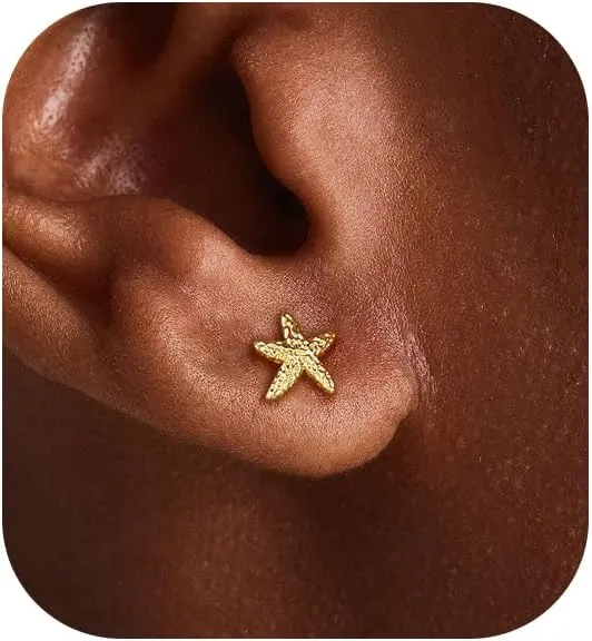Gold Starfish&Shell Stud Earrings Dainty Gold Earrings for Women Trendy Hypoallergenic 14k Statement Seashell Earrings for Women Simple Beach Summer Jewelry