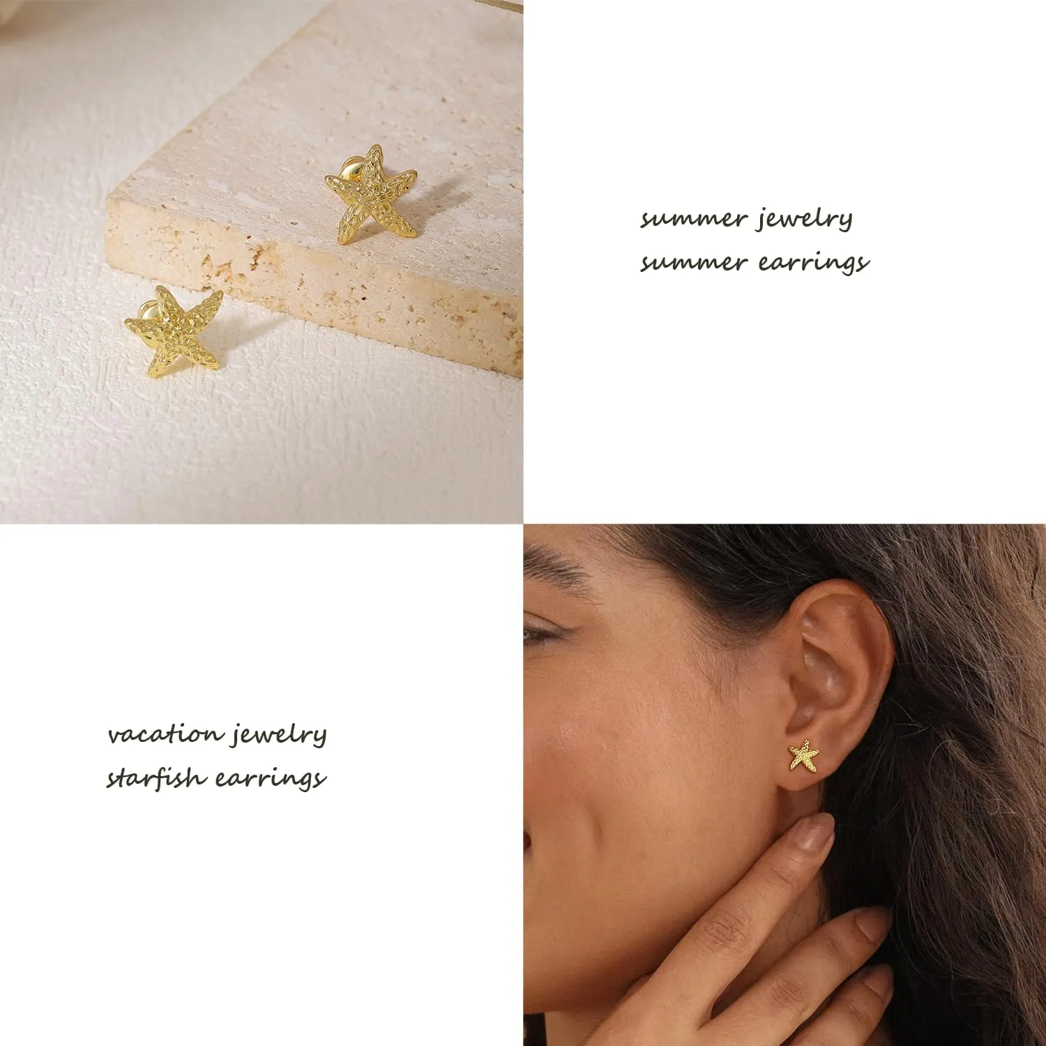 Gold Starfish&Shell Stud Earrings Dainty Gold Earrings for Women Trendy Hypoallergenic 14k Statement Seashell Earrings for Women Simple Beach Summer Jewelry