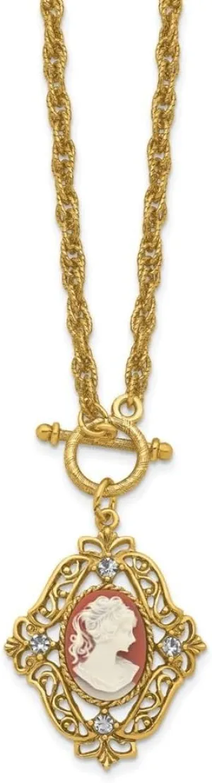 Gold-tone Filigree Frame Crystal Accent and Imitation Dark Carnelian with Ivory Colored Lady Cameo Necklace 18"