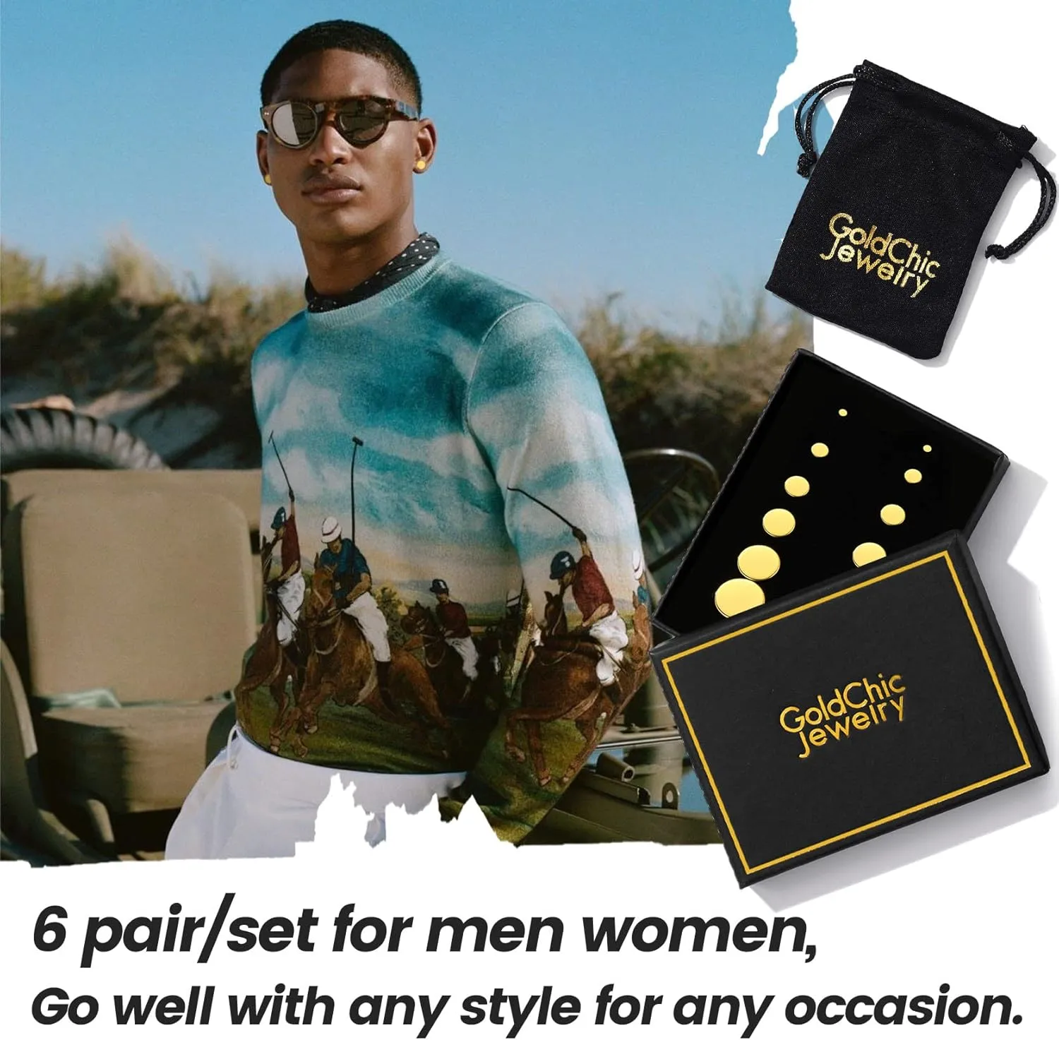 GoldChic Jewelry Earrings Sets for Men, Womens Stainless Steel Earrings Pack 3-12Pairs, Classic Design Bar/Hexagon/Geometric/Round Stud Earring Punk Ear Piercing Studs