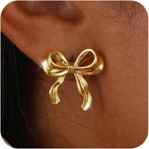 Gold/Silver Bow Earrings for Women Trendy French Elegant Ribbon Gold Earrings for Women Bow Jewelry Wedding Party Gift for Her