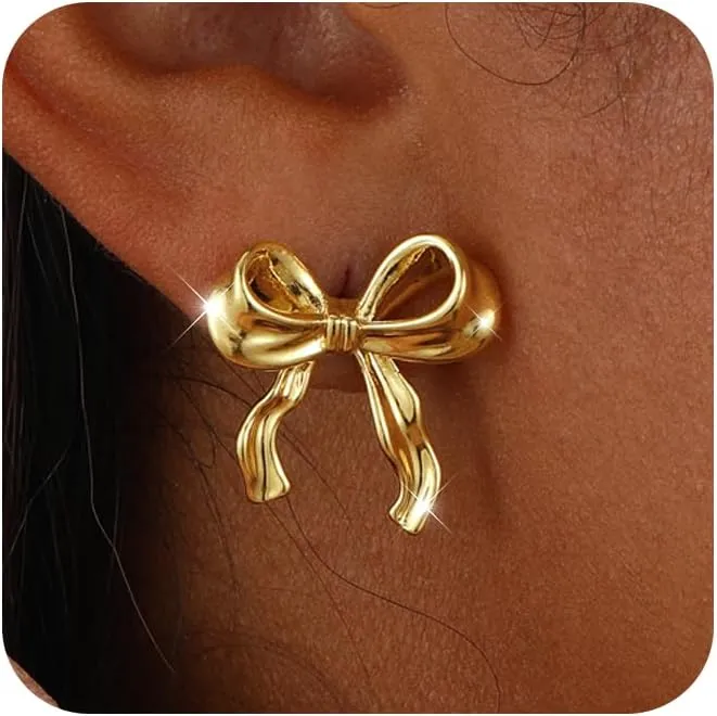 Gold/Silver Bow Earrings for Women Trendy French Elegant Ribbon Gold Earrings for Women Bow Jewelry Wedding Party Gift for Her