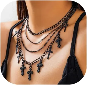 Gothic Cross Necklace Black Cross Pendant Layered Choker Halloween Jewelry for Women (Layering cross)