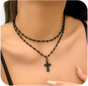 Gothic Cross Necklace Black Cross Pendant Layered Choker Halloween Jewelry for Women